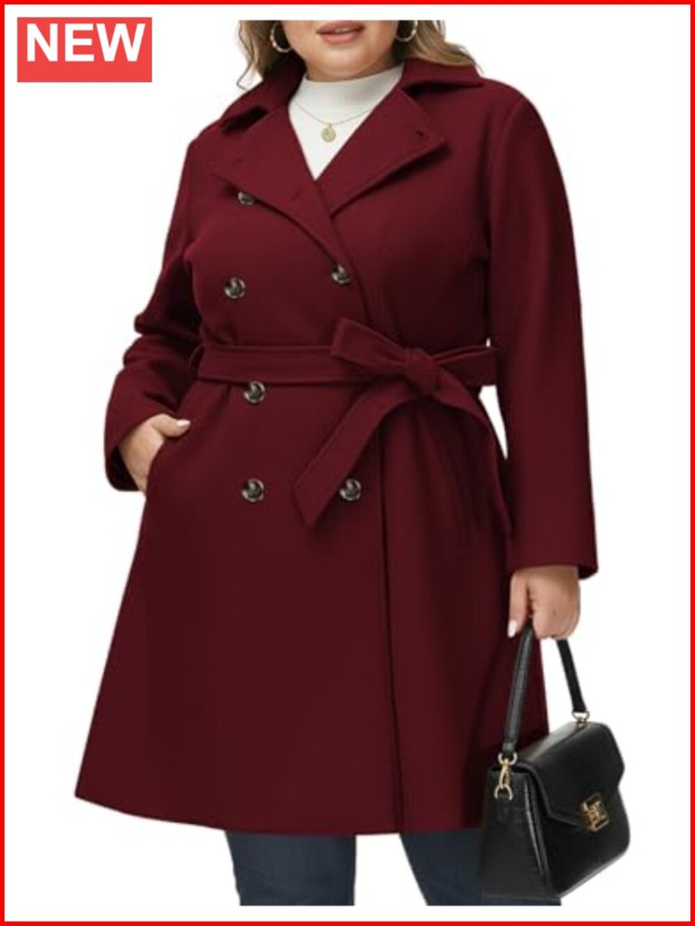 Plus Size Double Breasted Wool Blend Winter Peacoat with Belt